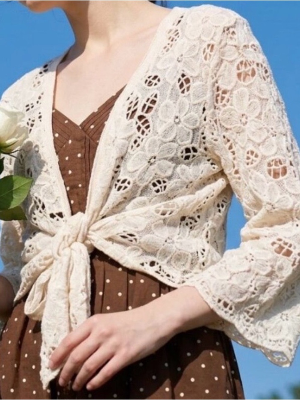 House of Harlow 1960 Cream Crochet Tie-Front Cardigan